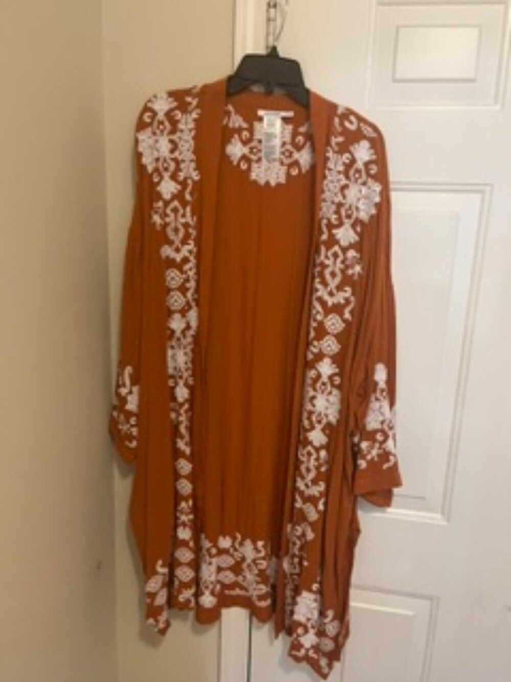 Chico's Rust Orange Embroidered Open-Front Kimono Jacket
